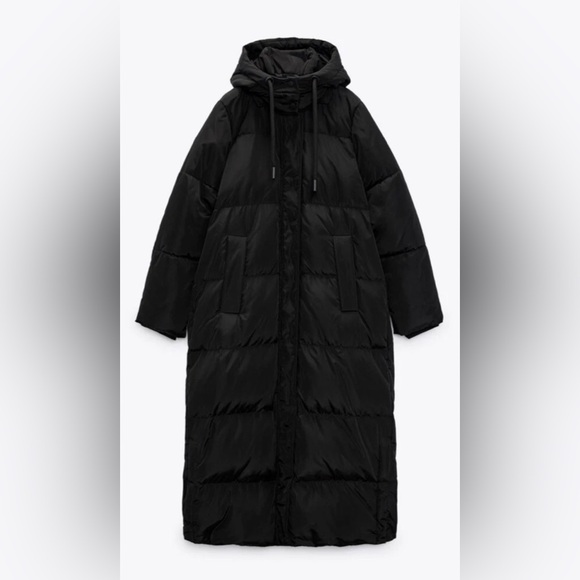 Zara Women's Black Long Down Hooded Puffer Coat - Water/Wind Res - Size: M - Picture 3 of 14